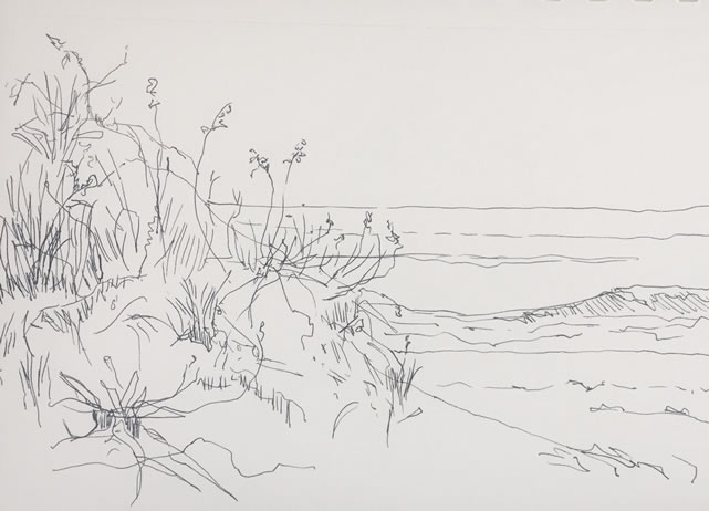 Casey Chalem Anderson, Bridgehampton Ocean Road, Ink drawing on paper, 2017, 11 X 14 inches framed