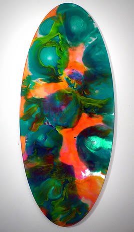 John Monti - Mirror Pour Ellipse 11 (green), 2014, Pigmented urethane rubber on glass mirror, 55 h x 23.5 w x .75 d inches